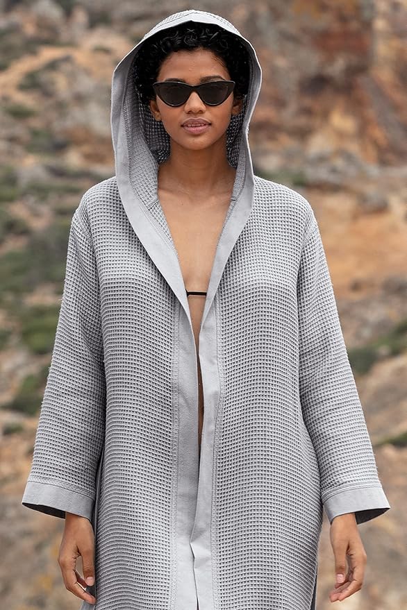 SEYANTE Women's Organic Cotton Waffle Kimono, Hooded Robe – GOTS Certified Lightweight Full-Length Spa Bathrobe with Piping