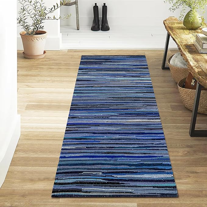 Cotton Hand Woven Chindi Runner Rug 2x6 Feet - Navy, Farmhouse Natural Recycled Rag Floor Rugs Ideal for Hallway, Kitchen, Nursery, Laundry Room | Blue Sturdy Reversible Patio Mat for Living Space