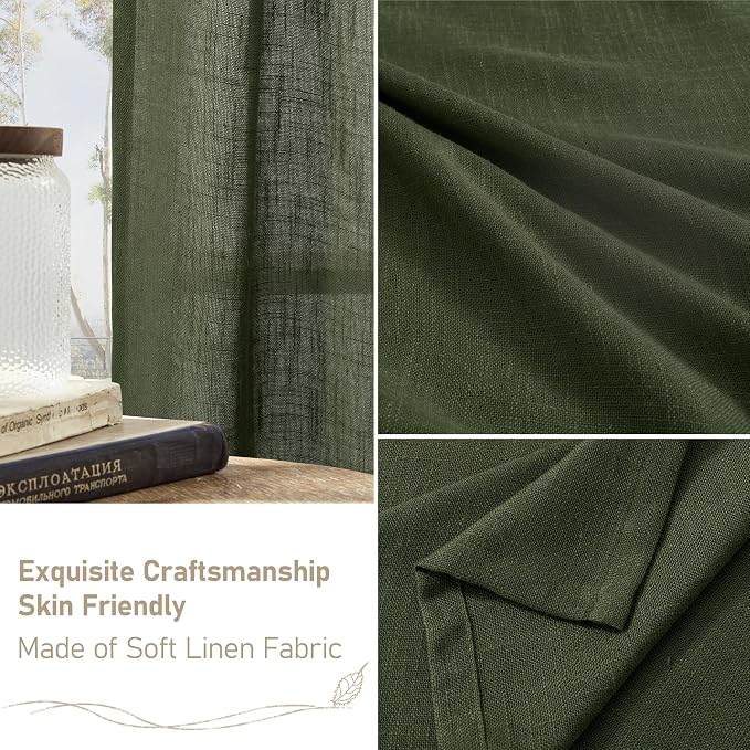 LAMIT Linen Semi Sheer Curtains 48 Inch for Bedroom, Light Filtering Neutral Window Curtains Farmhouse Boho Back Tab and Rod Pocket Panels, Olive Green, 2 Panels, 52 x 48 Inch