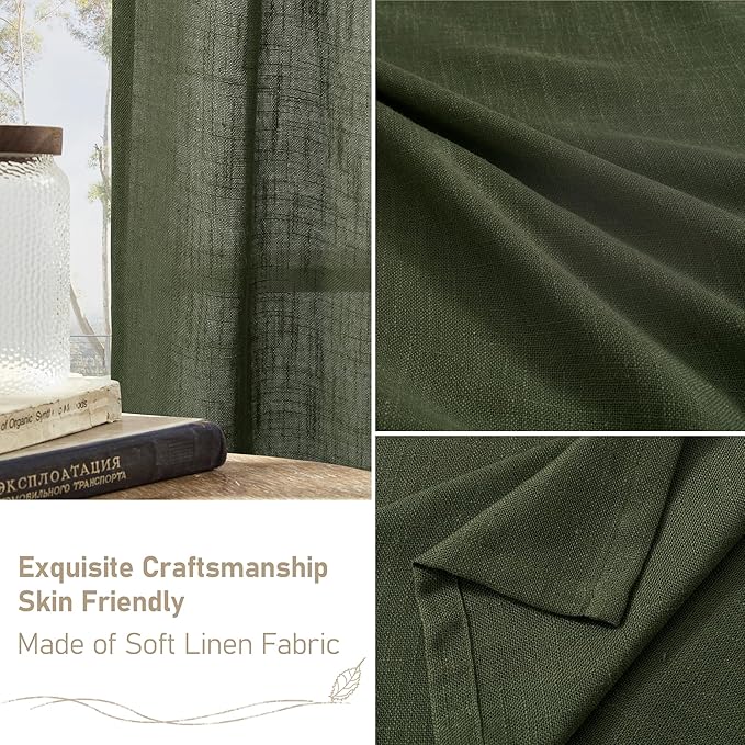 LAMIT Light Filtering Linen Curtains 78 inch for Bedroom, Linen Textured Semi Sheer Back Tab and Rod Pocket Boho Modern Christmas Decor Drapes for Living Room, Olive Green, 2 Panels, 52 x 78 Inch
