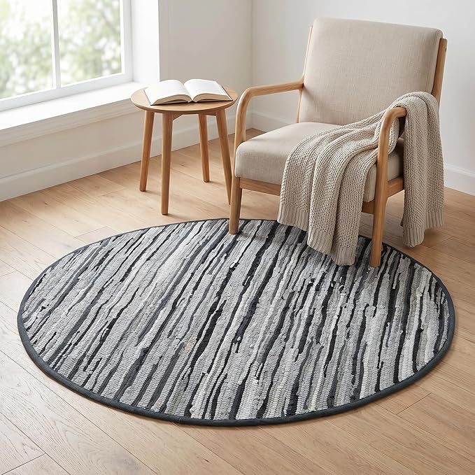 Cotton Hand Woven Chindi Area Rug 4 Feet Round - Charcoal, Reversible Large Durable Indoor Décor Carpet Ideal for Bedroom, Living Room, Nursery | Grey Soft Farmhouse Circle Floor Mat for Home Space