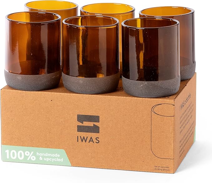 IWAS Upcycled Auburn Drinking Glasses | 250 ML | 8.45 OZ | Set of 6 | Sustainable Water Glasses | Environmentally Friendly Brown Glasses For Home