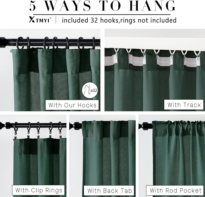 XTMYI Emerald Dark Green Back Tab/Hook Belt Linen Cotton Sheer Curtains for Bathroom 45 Inch Length