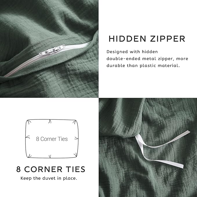 SE SOFTEXLY Muslin Duvet Cover Oversized King Size, 100% Washed Cotton Duvet Cover Set, Ultra Soft Comforter Cover Linen Like, 3 Pieces Gauze Duvet Cover with 2 Pillowcases, 98"x120", Forest Green