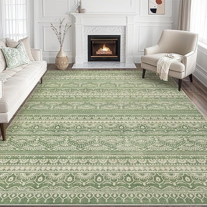 Tortania Area Rug Living Room Rugs - 10x12 Washable Large Soft Neutral Boho Moroccan Bohemian Farmhouse Rug Indoor Floor Carpet for Bedroom Under Dining Table Home Office Decor - Green