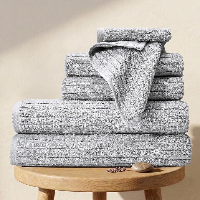 BIOWEAVES 100% Organic Cotton 6-Piece Luxury Bathroom Ribbed Towel Set GOTS Certified 700 GSM, 2 Bath Towel, 2 Hand Towel & 2 Wash Cloths - Lunar Rock