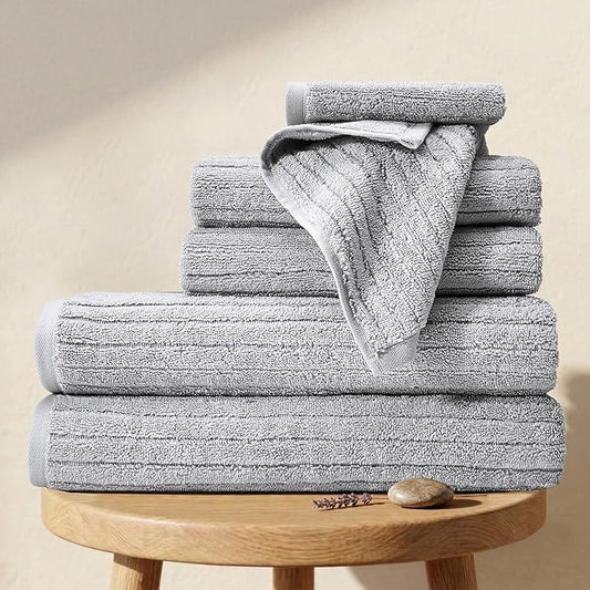BIOWEAVES 100% Organic Cotton 6-Piece Luxury Bathroom Ribbed Towel Set GOTS Certified 700 GSM, 2 Bath Towel, 2 Hand Towel & 2 Wash Cloths - Lunar Rock