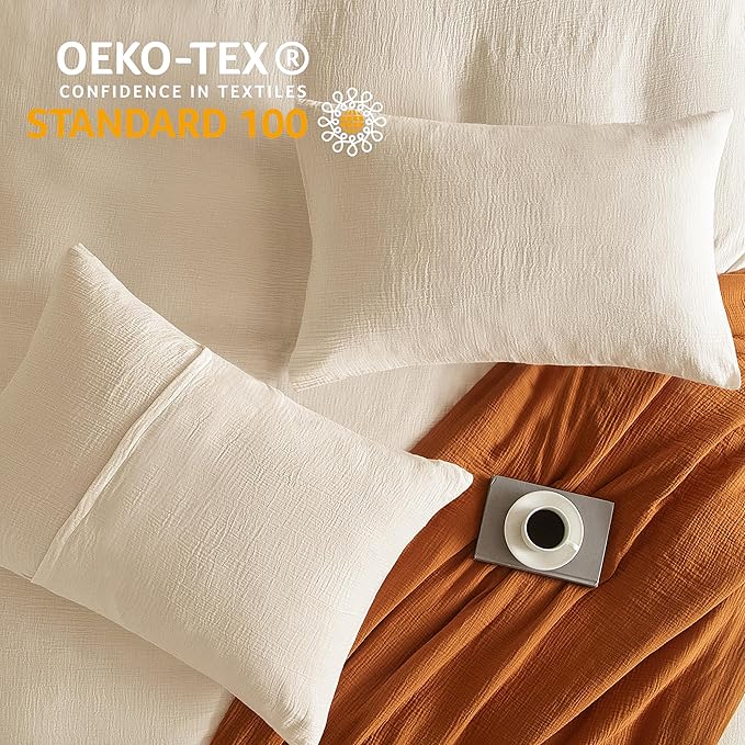 SE SOFTEXLY Muslin Duvet Cover Oversized King Size, 100% Washed Cotton Duvet Cover Set, Ultra Soft Comforter Cover Linen Like, 3 Pieces Gauze Duvet Cover with 2 Pillowcases, 98"x120", Off-White