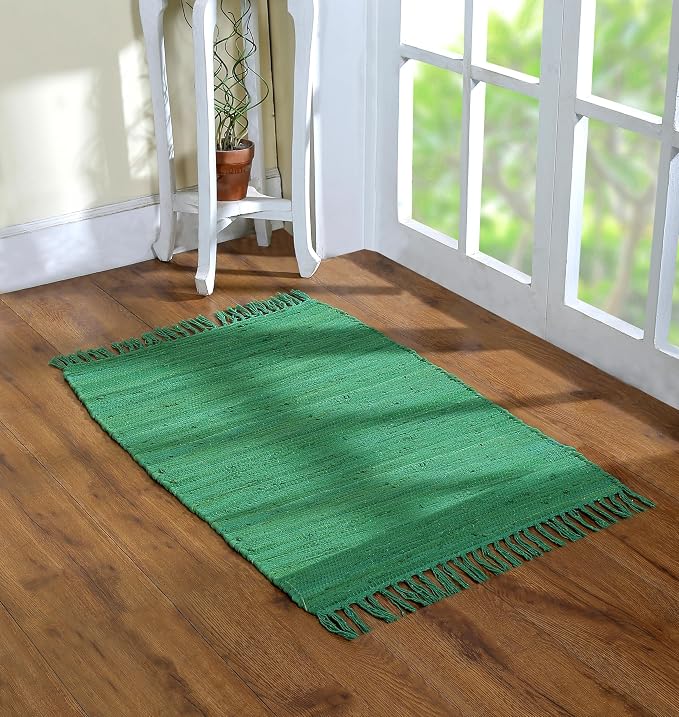 Cotton Rag Rug 24x36'' | 2x3' Multicolor Area Rug - Hand Woven, Washable & Reversible with Tassels - Perfect for Living Room, Kitchen, Entryway, or Bedroom (Solid-Green)