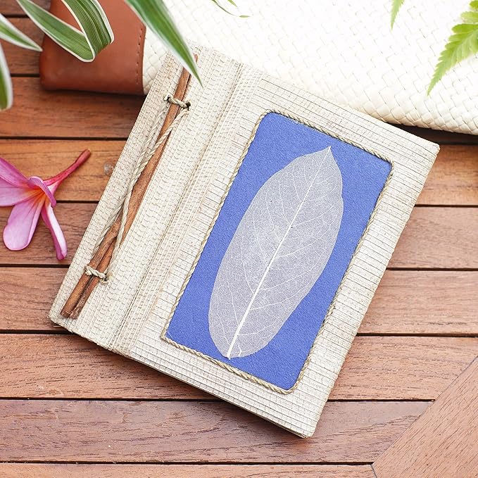 NOVICA Blue Multicolor Natural Fiber Paper Eco-Friendly Journals from Indonesia 'Blue Leaf'