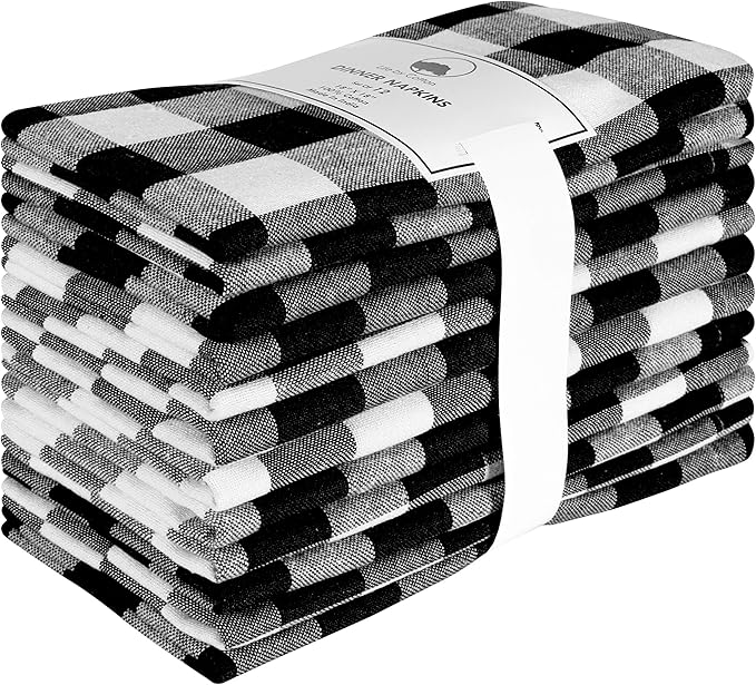 Dinner Napkin Gingham Plaid Check, 100% Cotton, Mitered Corners & Generous Hem, Set of 12, 18x18 inches, Black White Checks