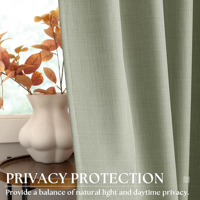 80 Inch Semi Sheer Curtains for Living Room 2 Panels Sets Bronze Grommet Light Sage Green Simple Boho Farmhouse Decor Textured Non See Through Linen Drapes for Bedroom Window Drapery 80 Inches Long