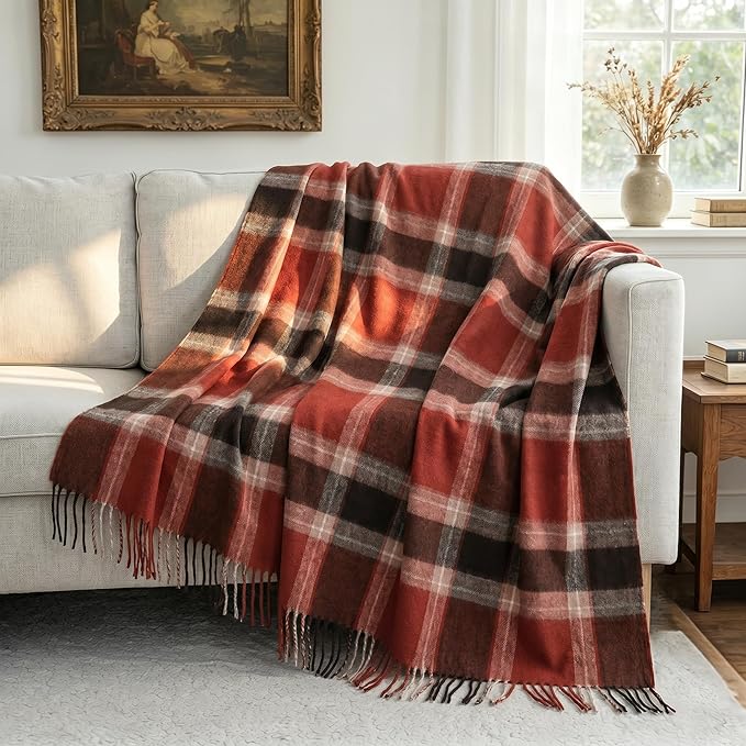 100% Wool Blanket Throw,Buffalo Plaid Wool Blanket with Compact Bag,Rustic Soft Lightweight Blanket for Couch,Sofa,Bed & Home Decoration, Warm Travel Blanket for Home, Airplane,Ideal Gifts 55"x83"