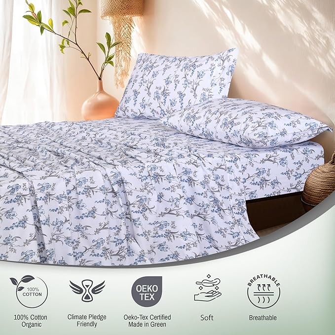 RUVANTI 100% Cotton Organic Percale Sheets Twin Size – Crisp Cooling Bed Sheets for Hot Sleepers, Deep Pocket 15”, Soft Peach Finish, Breathable & Durable Hotel-Style 3 Pcs, Deluxe