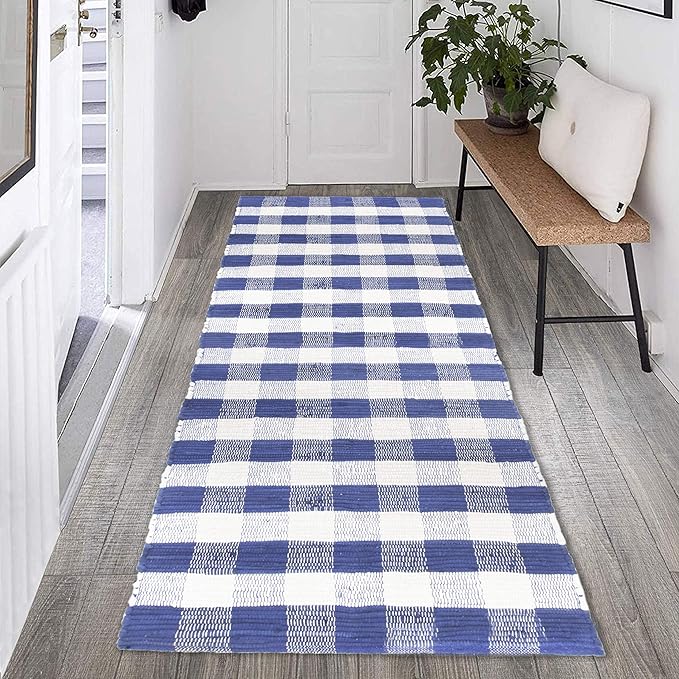 GLAMBURG Cotton Reversible Area Runner Rug 2' x 6' for Bedroom Living Room Kitchen Hallways Front Porch Laundry Room, Handwoven Farmhouse Floor Mat, Washable Checkered Plaid Runner Rug Blue White
