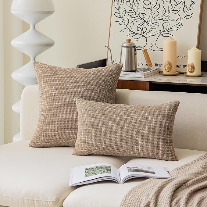 Kevin Textile Textural Faux Linen Throw Pillow Covers 18x18 Inch Cushion Netural Farmhouse Shams for Couch Sofa Bedroom, Invisible Zipper, 45x45CM(Set of 2, Natural Linen)