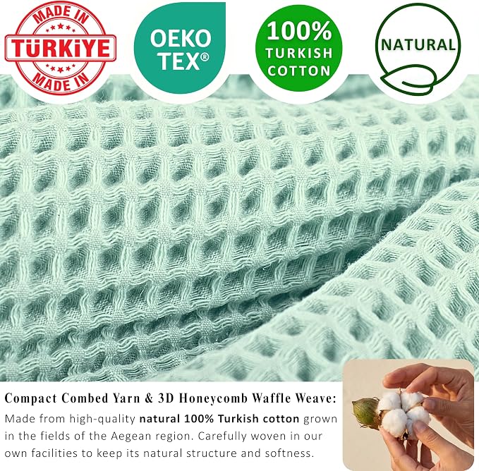 PÜSKÜL 4-Piece Natural 100% Turkish Cotton Luxury Waffle Towels for Bathroom | Premium Honeycomb Weave 2 Hand Towel & 2 Bath Towel Set | Soft Absorbent Quick-Dry Lightweight Towels (Ice Green)