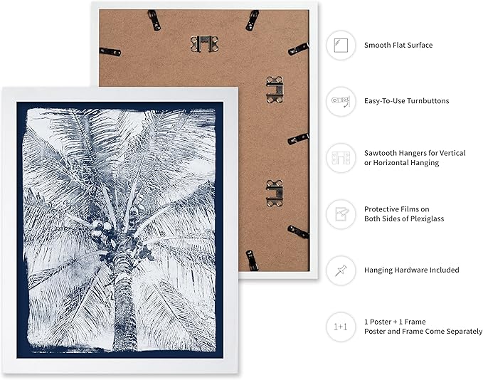 Monem Art Coastal Palm Tree Cyanotype Print - Blue and White Tropical Botanical Art Poster - Wall Decor for Beach House, Bedroom or Living Room - 12x16 White Framed Wall Art by Renee Stramel