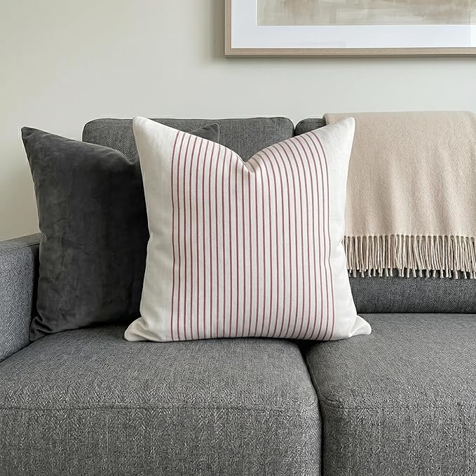SanVia Cotton Throw Pillow Covers 20x20 – Handwoven Jacquard Texture, Fade-Resistant, No Pilling – Hidden Zipper, Decorative Cushion Cover for Sofa, Couch, Bed – Insert Not Included (Striped, White)