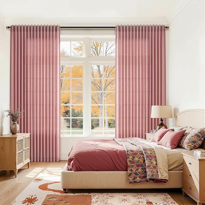 Canyon Rose Linen Curtains 80 Inch Length for Living Room Light Filtering Semi Sheer Curtain Back Tab Modern Farmhouse Decor Elegant Luxury Boho Girl Drapes for Bedroom Dinner Room 52x80, 2 Panels