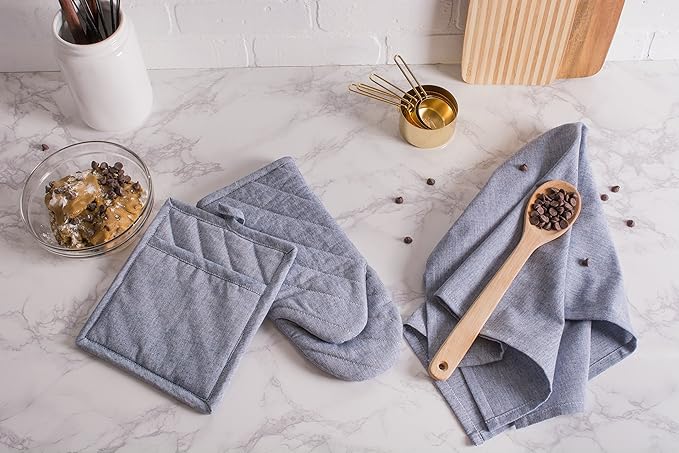 DII 100% Cotton Solid Chambray Kitchen Set, Potholders, Blue, 2 Piece