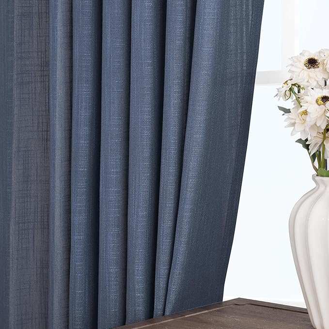 Navy Blue Curtains 45 inch Length for Bedroom Back Tab Light Filtering Semi Sheer Blue Living Room Curtains Linen Cotton Textured Indigo Blue Drapery Panel Modern Farmhouse Aesthetic Decor Dark Blue
