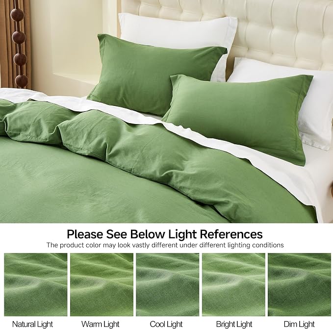 Simple&Opulence French Linen Duvet Cover Set 68" x 86"- 2 Pieces (1 Comforter Cover,1 Pillowcase)- Natural Flax Cotton Blend-Solid Color Breathable Farmhouse Bedding- Khaki Green, Twin
