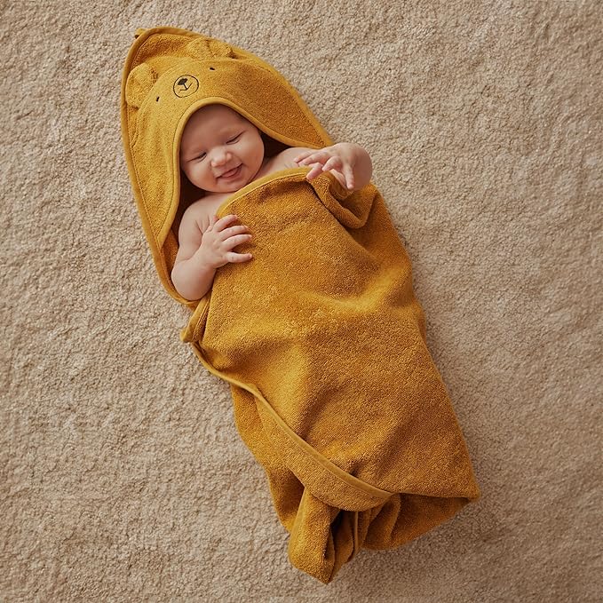 Hooded Baby Towels – 100% Organic Cotton Baby Bath Towels – Baby Boy and Baby Girl Newborn Essentials - Super-Soft and Absorbent. (2-Pack Rabbit Pearl Grey and Bear Yellow)