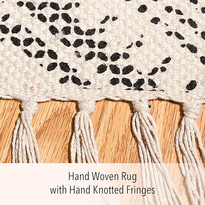 Chardin home Boho Diamond Rug, 20x32 Inches, Ivory and Black Bohemian Chic Throw Rug with Hand Woven Fringes, Perfect for entryway, Doormat, hallways, Kitchens