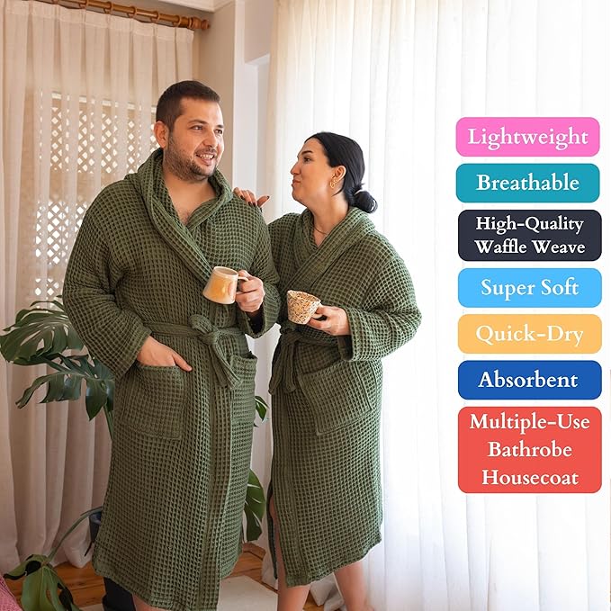 Unisex Hooded Waffle Robe for Women & Men 100% Turkish Cotton | Quick-Dry Bathrobe | Cozy Housecoat for Lounging