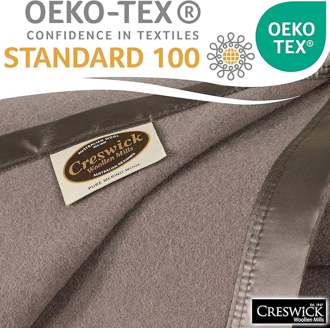 Creswick Woollen Mills 100% Australian Merino Wool Blanket – Soft Warm and Natural with Satin Binding, Breathable Luxury Bedding for All Seasons, (Flax, Throw)