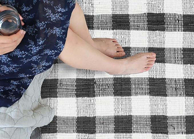 GLAMBURG Cotton Reversible Area Runner Rug 2' x 6' for Bedroom Living Room Kitchen Hallways Front Porch Laundry Room, Handwoven Farmhouse Floor Mat, Washable Checkered Plaid Runner Rug Black White