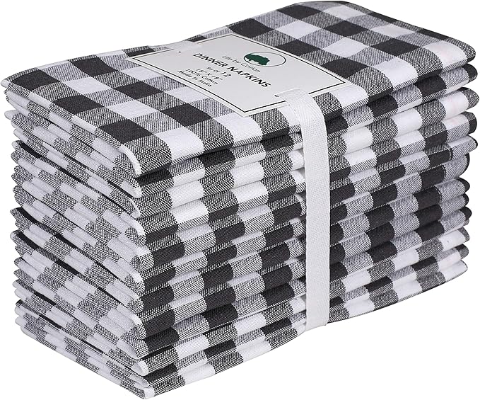 Cotton Dinner Napkins Set of 12 – 18"x18" Gingham Plaid Check, 100% Cotton, Washable Fabric Napkins with Mitered Corners & Generous Hem – Wedding & Cocktail Napkins