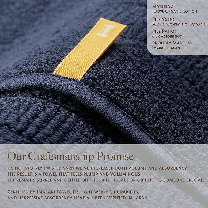 Highly Absorbent & Quick-Dry Organic Cotton Hand Towels, Lightweight & Resilient, Made in Japan, Oeko-Tex Class 1 Certified, 13.8 x 28 inch, Navy, Pack of 2 – Proof of Purity