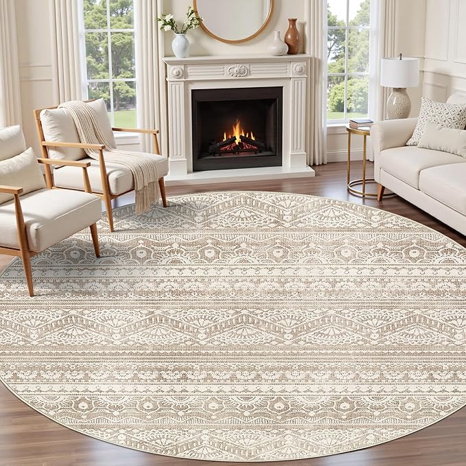 Tortania 5' Round Area Rug Living Room Rugs - Washable Large Soft Neutral Boho Moroccan Bohemian Farmhouse Rug Indoor Floor Carpet for Bedroom Under Dining Table Home Office Decor - Light Brown