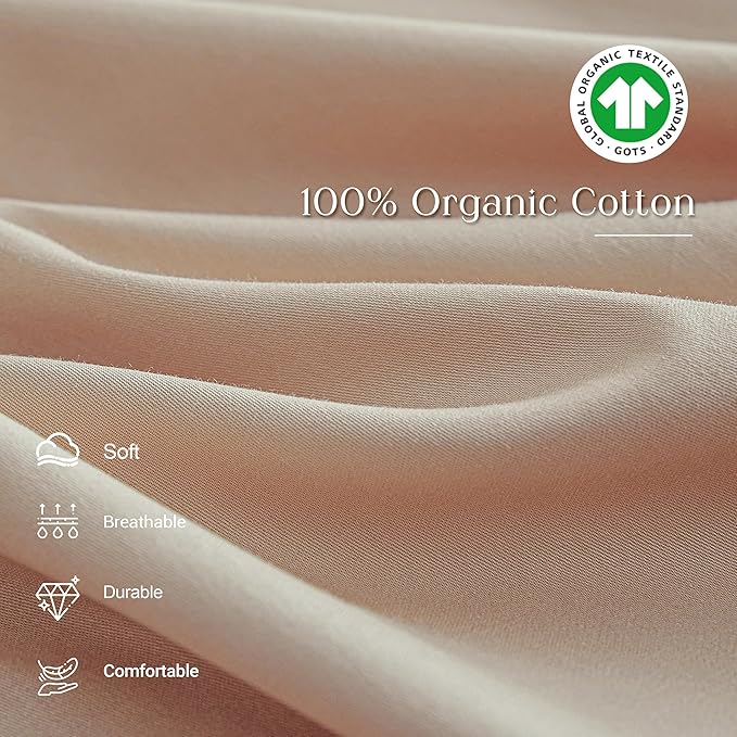 Simple&Opulence 100% Organic Cotton Sheet Set, Long Ruffle Bed Sheets (1 Flat Sheet, 1 Fitted Sheet and 2 Pillowcases) Elegant Shabby Chic Bedding Farmhouse Charming Vintage - Sand, Queen