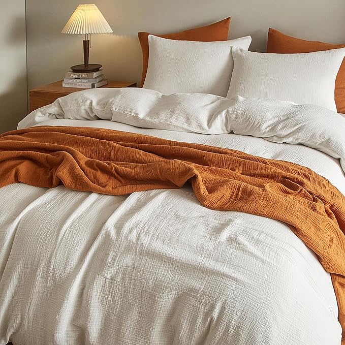 SE SOFTEXLY Muslin Duvet Cover Oversized King Size, 100% Washed Cotton Duvet Cover Set, Ultra Soft Comforter Cover Linen Like, 3 Pieces Gauze Duvet Cover with 2 Pillowcases, 98"x120", White