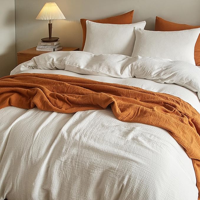 SE SOFTEXLY Muslin Duvet Cover California King Size, 100% Washed Cotton Duvet Cover Set, Ultra Soft Comforter Cover Linen Like, 3 Pieces Gauze Duvet Cover with 2 Pillowcases, 98"x104", White