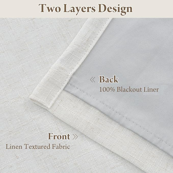 RYB HOME Natural Pinch Pleated Linen Curtains, 100% Blackout Thermal Insulated Double Layer Textured Curtains for Sliding Glass Door Picture Window, Cream White, 40" W x L90 L, 2 Panels Set