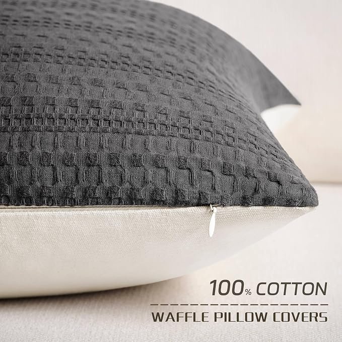 ZeeMart 100% Cotton Waffle Textured Throw Pillow Covers Set of 2, 24x24 Inch Charcoal, Soft Farmhouse Decorative Couch Pillow Cases Dark Grey Cushion Covers for Sofa Bed Living Room Home Decor