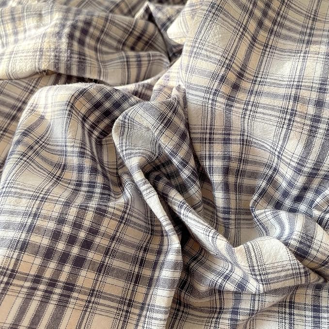 mixinni Queen Duvet Cover Set - 3 Piece Vintage Buffalo Plaid Bedding, 100% Washed Cotton Duvet Cover with 2 Pillowcases, Soft & Breathable Navy Beige White Geometric Grid Pattern for All Seasons