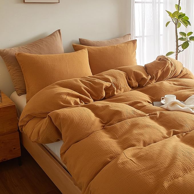 SE SOFTEXLY Muslin Duvet Cover Queen Size, 100% Washed Cotton Duvet Cover Set, Ultra Soft Comforter Cover Linen Like, 3 Pieces Minimalist Gauze Duvet Cover with 2 Pillowcases, 90"x90", Pumpkin