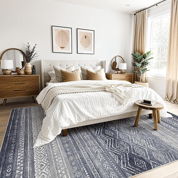 Tortania Area Rug Living Room Rugs- 8x12 Washable Large Soft Neutral Boho Moroccan Bohemian Farmhouse Rug Indoor Floor Carpet for Bedroom Under Dining Table Home Office Decor - Blue Gray