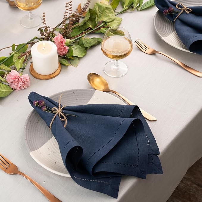 Signature Linen™ by D'Moksha Navy Blue Dinner Napkins Set of 4, 20 x 20 Inch Cloth Napkins, 100% Pure Linen, Hemstitch, Machine Washable Table Napkins- Summer, Father's & Independence Day