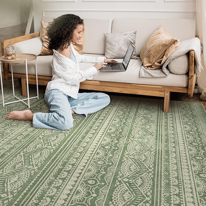 Tortania Area Rug Living Room Rugs - 5x8 Washable Large Soft Neutral Boho Moroccan Bohemian Farmhouse Rug Indoor Floor Carpet for Bedroom Under Dining Table Home Office Decor - Green