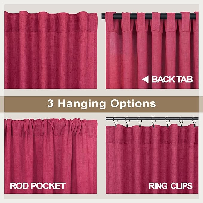 Pitalk Hot Pink Semi Sheer Curtains 96 Inch Long 2 Panel Set Rod Pocket Back Tab Linen Light Filtering Room Decor Magenta Curtain Drapes for Living Room 52x96 Celling to Floor Length Raspberry Fuchsia