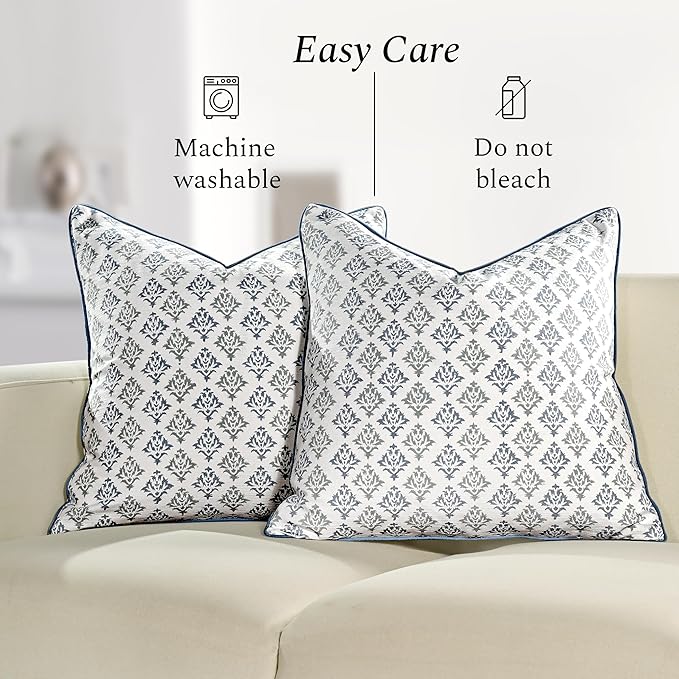 CPC Botanical Trellis Blue Block Print Throw Cushion Cover 20 x 20 Inch Set 2 - Decorative Boho Floral Pillow Case for Living Room, Bed, Sofa, Couch, Home Decor Gift for Spring, Mother's Day