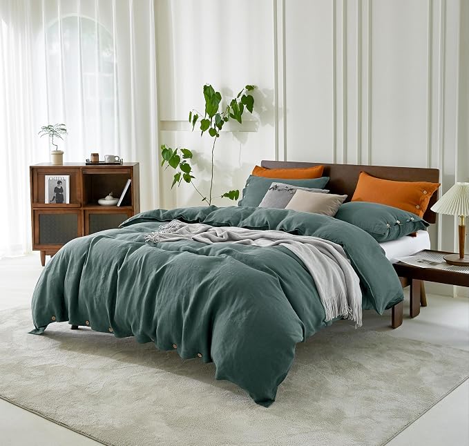 EVERLY 100% Pure Linen Duvet Cover Set Oversized King120X98Inch 3pcs (1 Duvet Cover,2 Pillowcases) Soft and Breathable for All Season with Coconut Button Closure, Suitable for Hot Sleepers-Aqua