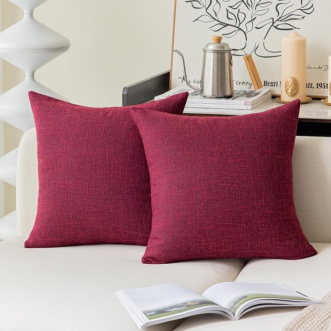 Kevin Textile Supersoft Faux Linen Square Christmas Throw Cushion Cover Pillowcase, Hidden Zipper, 18x18 inch(2 Piece, Burgundy)