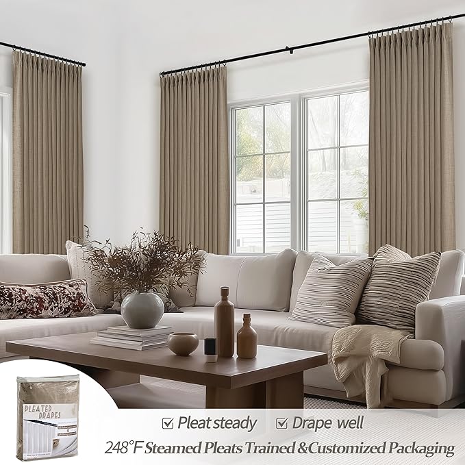 Natural Linen Blackout 80 Inch Dual Layer Room Divider Curtains 2 Panels Set, Memory Shape Pinch Pleated Insulated Viral Drapes Privacy Sound Dampening Modern Windows Curtain Burg 40 x 80 Inches Long